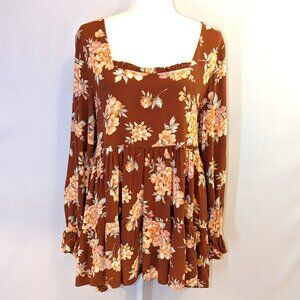 American Eagle | Open Back Floral Babydoll Blouse in Rust Orange Brown | Medium